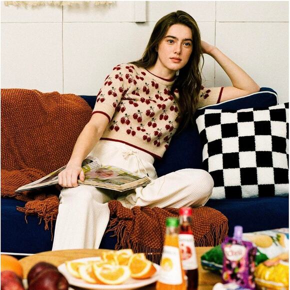 Cider Strawberry Knit Crop Sweater Short Sleeve Cream Red Y2K Cottagecore XL - Picture 4 of 8